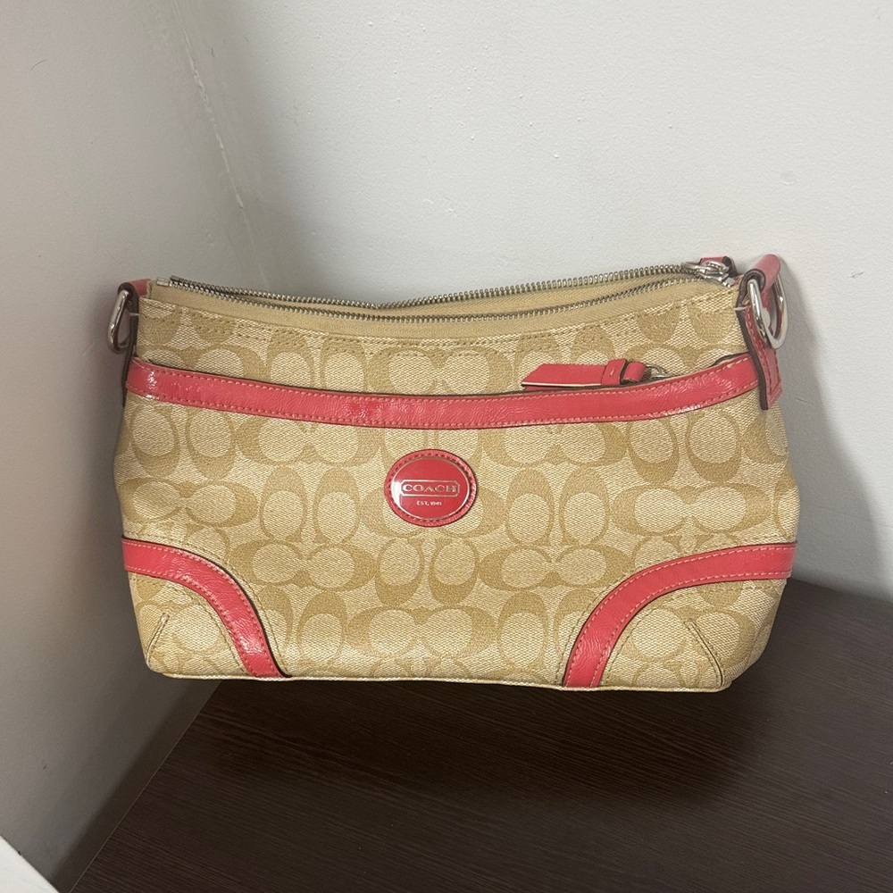 Coach Beige and Pink Bag, missing crossbody strap.
